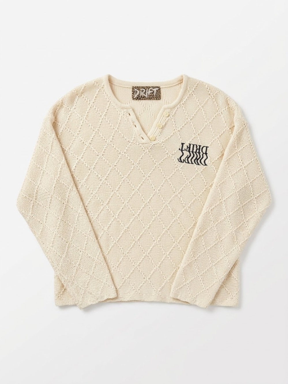 🧶 The Drift Collective Cream Open Knit Diamond V-Neck Button Sweater Top L
